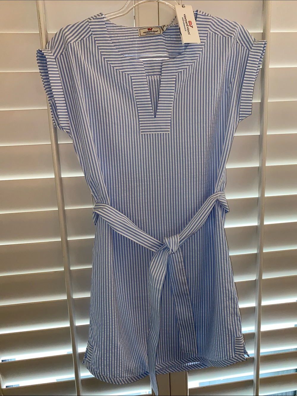 Vineyard Vines Seersucker Blue and White Striped Belted Dress size XXSmall NWT